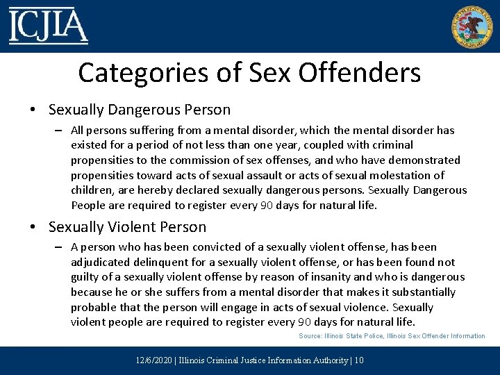 Categories of Sex Offenders • Sexually Dangerous Person – All persons suffering from a