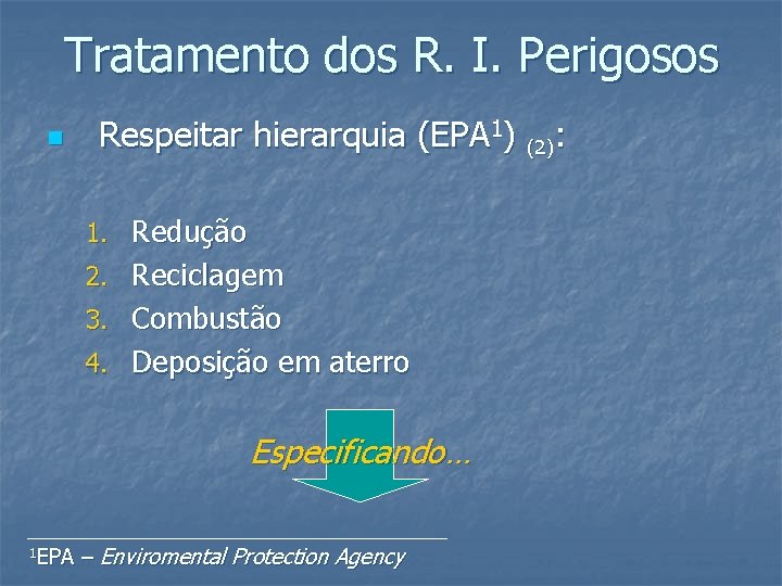 Tratamento dos R. I. Perigosos n Respeitar hierarquia (EPA 1) (2): 1. Redução 2.