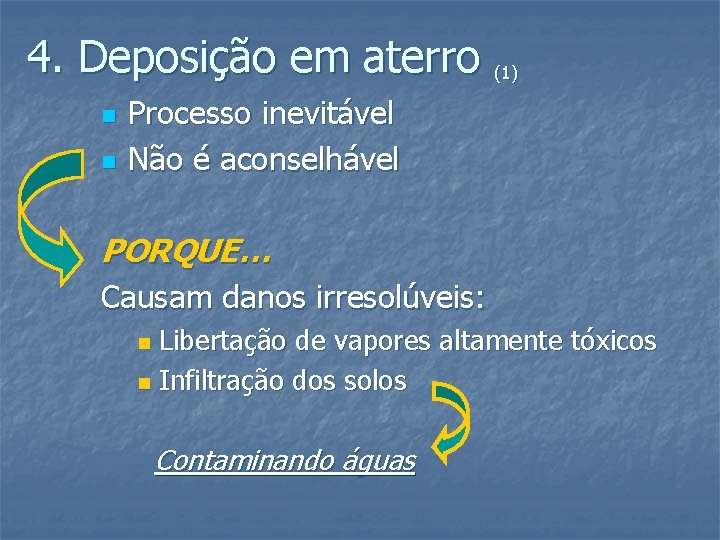 4. Deposição em aterro (1) n n Processo inevitável Não é aconselhável PORQUE… Causam