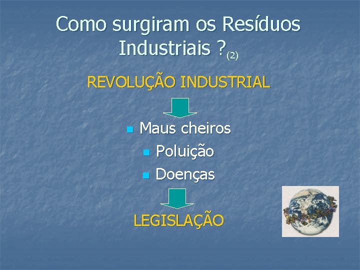 Como surgiram os Resíduos Industriais ? (2) REVOLUÇÃO INDUSTRIAL n Maus cheiros n Poluição