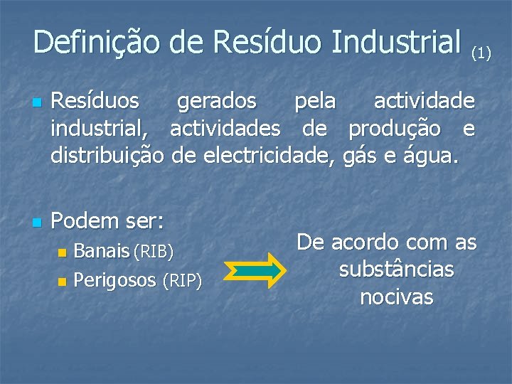 Definição de Resíduo Industrial (1) n n Resíduos gerados pela actividade industrial, actividades de