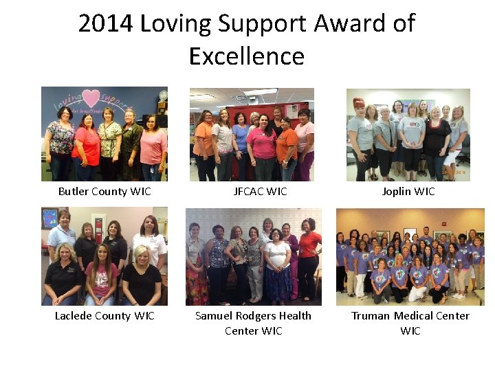 2014 Loving Support Award of Excellence Butler County WIC Laclede County WIC JFCAC WIC