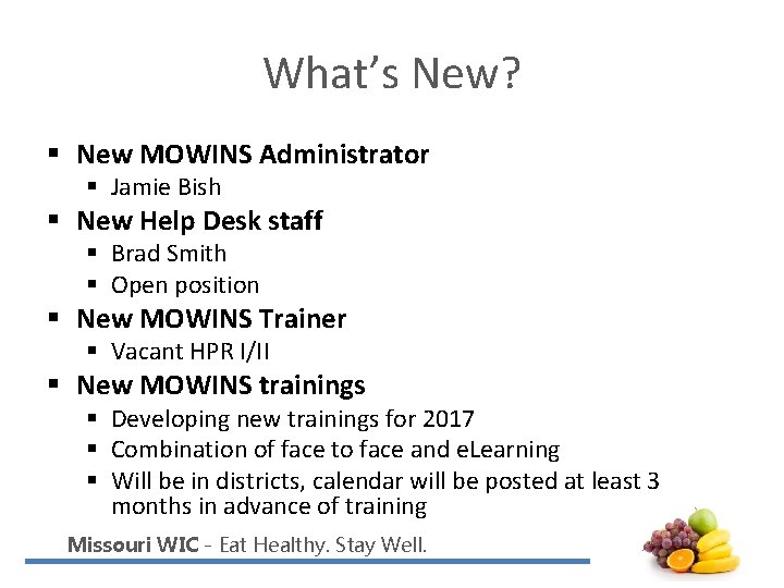 What’s New? § New MOWINS Administrator § Jamie Bish § New Help Desk staff