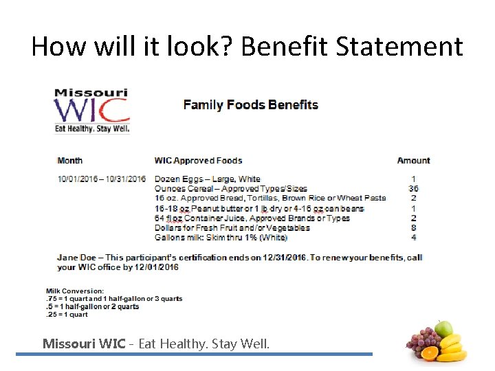How will it look? Benefit Statement Missouri WIC - Eat Healthy. Stay Well. 