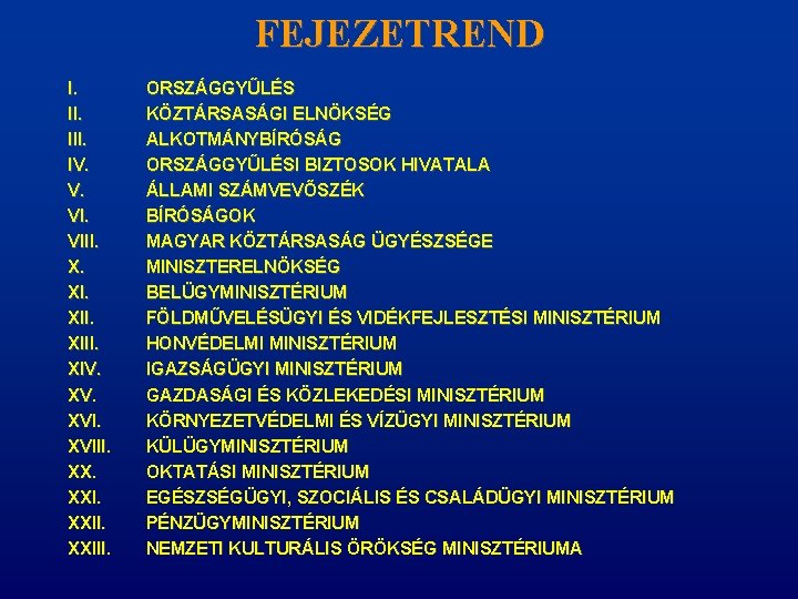 FEJEZETREND I. III. IV. V. VIII. X. XIII. XIV. XVIII. XXIII. ORSZÁGGYŰLÉS KÖZTÁRSASÁGI ELNÖKSÉG