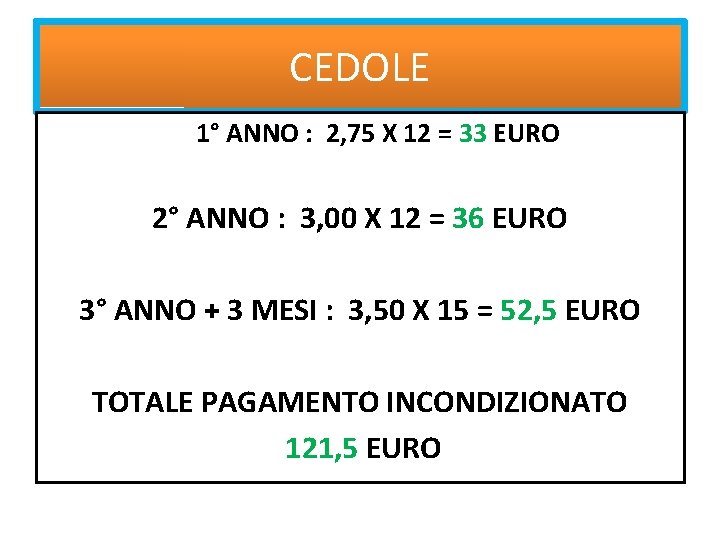 CEDOLE 1° ANNO : 2, 75 X 12 = 33 EURO 2° ANNO :