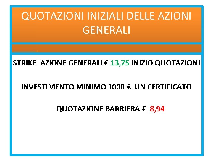 QUOTAZIONI INIZIALI DELLE AZIONI GENERALI STRIKE AZIONE GENERALI € 13, 75 INIZIO QUOTAZIONI INVESTIMENTO