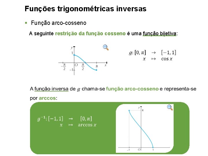 Funções trigonométricas inversas § Função arco-cosseno A seguinte restrição da função cosseno é uma