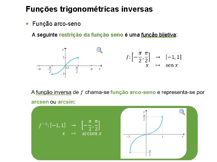 Funções trigonométricas inversas § Função arco-seno A seguinte restrição da função seno é uma