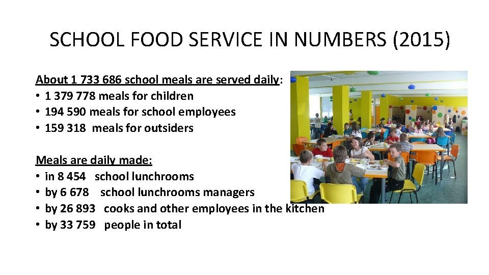 SCHOOL FOOD SERVICE IN NUMBERS (2015) About 1 733 686 school meals are served SCHOOL FOOD SERVICE IN NUMBERS (2015) About 1 733 686 school meals are served