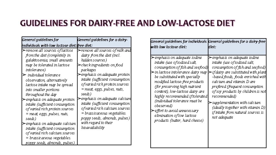 GUIDELINES FOR DAIRY-FREE AND LOW-LACTOSE DIET General guidelines for a dairyindividuals with low lactose GUIDELINES FOR DAIRY-FREE AND LOW-LACTOSE DIET General guidelines for a dairyindividuals with low lactose