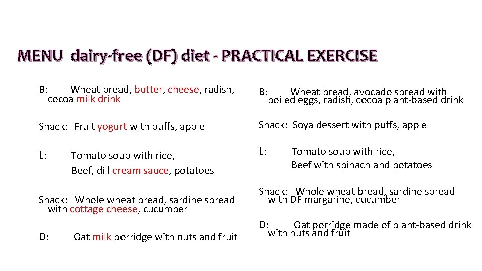 MENU dairy-free (DF) diet - PRACTICAL EXERCISE B: Wheat bread, butter, cheese, radish, cocoa MENU dairy-free (DF) diet - PRACTICAL EXERCISE B: Wheat bread, butter, cheese, radish, cocoa