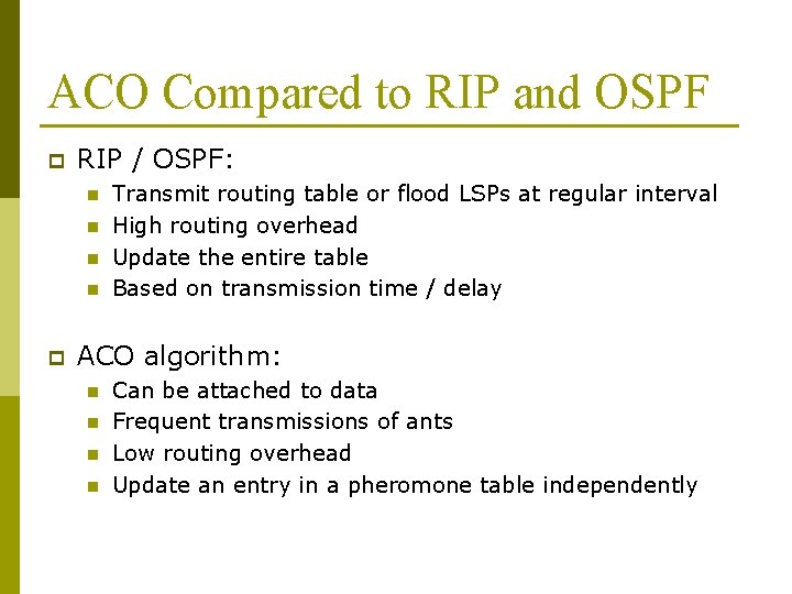 ACO Compared to RIP and OSPF p RIP / OSPF: n n p Transmit