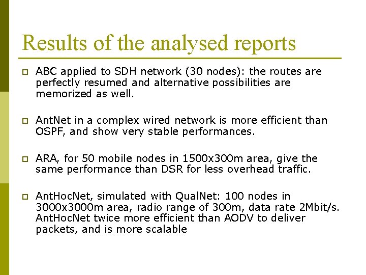 Results of the analysed reports p ABC applied to SDH network (30 nodes): the