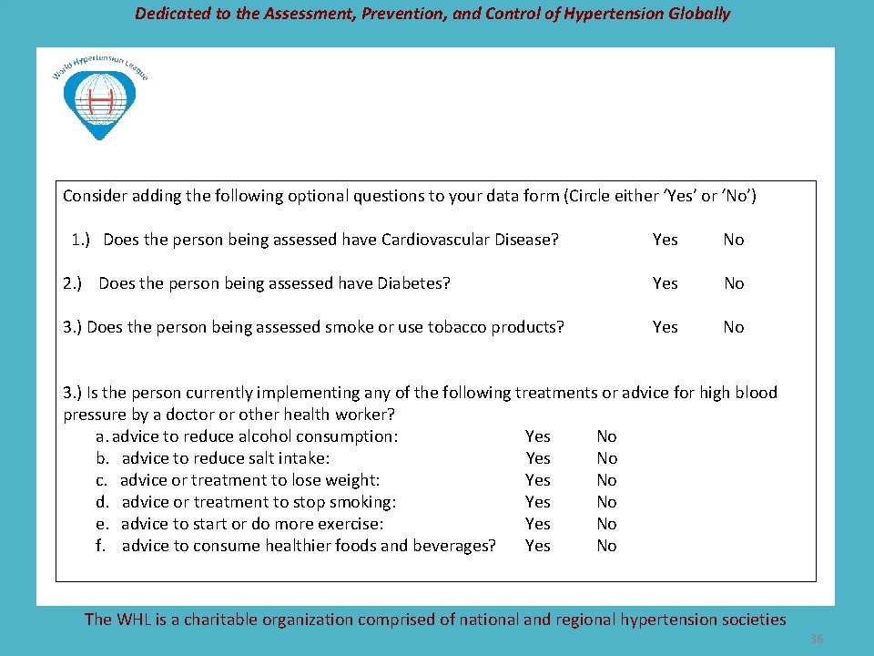 Dedicated to the Assessment, Prevention, and Control of Hypertension Globally Consider adding the following