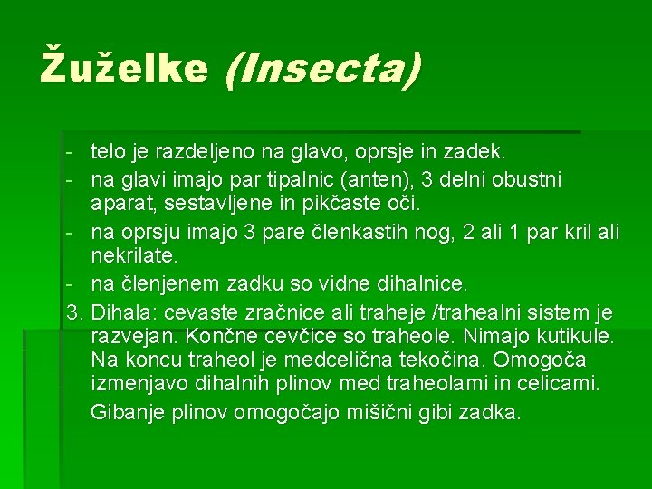 Žuželke (Insecta) - telo je razdeljeno na glavo, oprsje in zadek. - na glavi Žuželke (Insecta) - telo je razdeljeno na glavo, oprsje in zadek. - na glavi