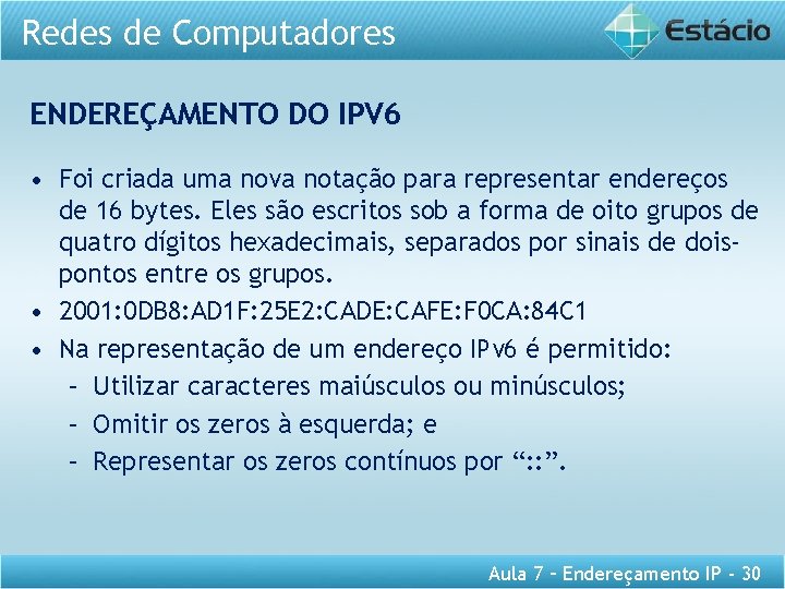 Redes de Computadores ENDEREÇAMENTO DO IPV 6 • Foi criada uma nova notação para