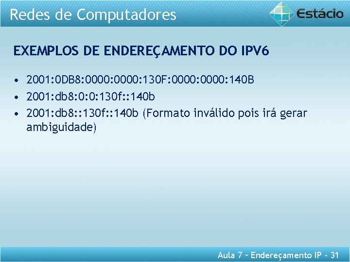 Redes de Computadores EXEMPLOS DE ENDEREÇAMENTO DO IPV 6 • 2001: 0 DB 8: