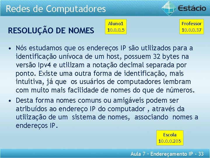 Redes de Computadores RESOLUÇÃO DE NOMES Aluno 1 10. 0. 0. 5 Professor 10.