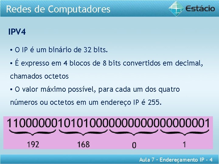 Redes de Computadores IPV 4 • O IP é um binário de 32 bits.