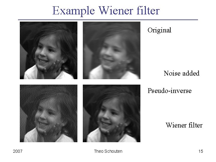 Example Wiener filter Original Noise added Pseudo-inverse Wiener filter 2007 Theo Schouten 15 