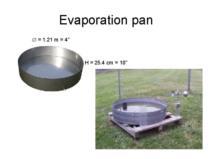 Evaporation pan = 1. 21 m = 4” H = 25. 4 cm =