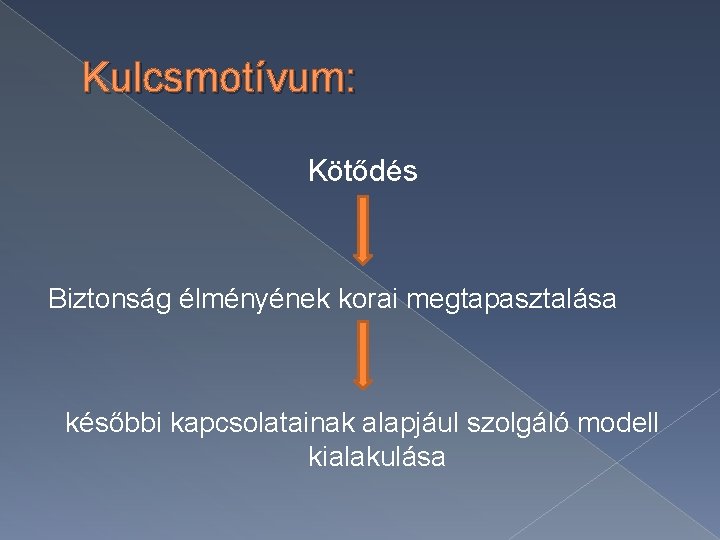 Kulcsmotívum: Kötődés Biztonság élményének korai megtapasztalása későbbi kapcsolatainak alapjául szolgáló modell kialakulása 