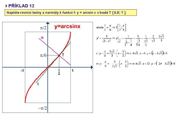4 PŘÍKLAD 12 Napište rovnici tečny a normály k funkci f: y = arcsin