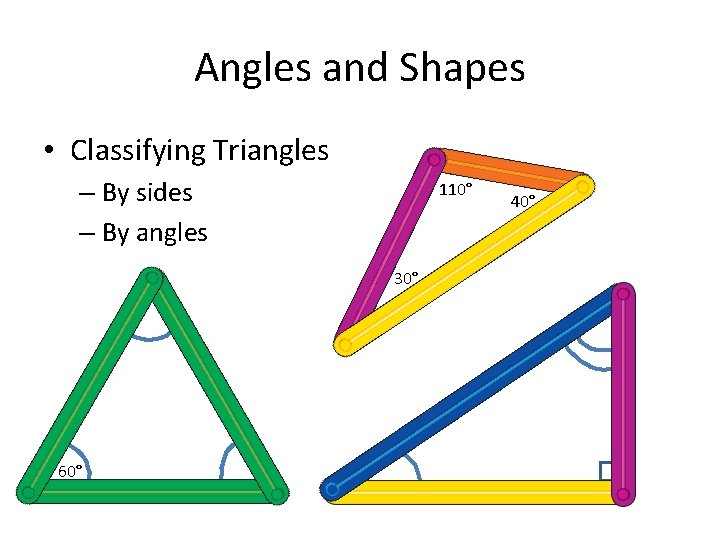 Angles and Shapes • Classifying Triangles – By sides – By angles 110° 30°