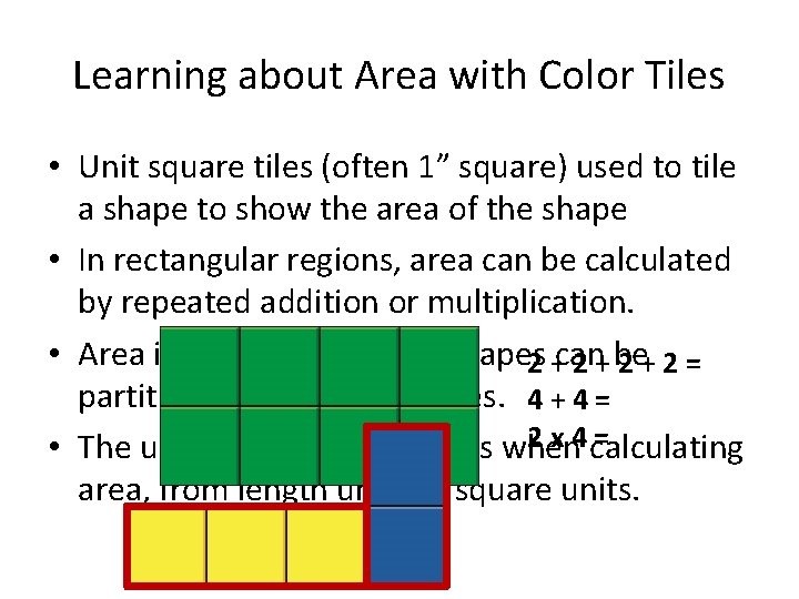 Learning about Area with Color Tiles • Unit square tiles (often 1” square) used
