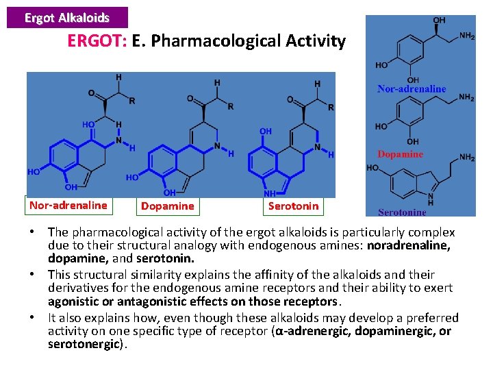 Ergot Alkaloids ERGOT: E. Pharmacological Activity Nor-adrenaline Dopamine Serotonin • The pharmacological activity of