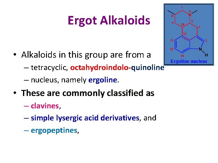 Ergot Alkaloids • Alkaloids in this group are from a – tetracyclic, octahydroindolo-quinoline –