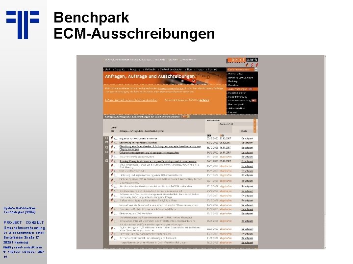 Benchpark ECM-Ausschreibungen Update Dokumenten. Technologien (S 204) PROJECT CONSULT Unternehmensberatung Dr. Ulrich Kampffmeyer Gmb. Benchpark ECM-Ausschreibungen Update Dokumenten. Technologien (S 204) PROJECT CONSULT Unternehmensberatung Dr. Ulrich Kampffmeyer Gmb.