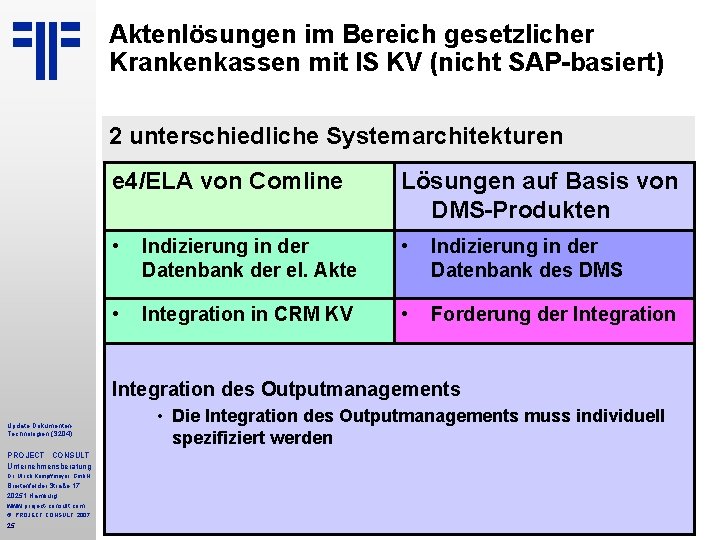 Aktenlösungen im Bereich gesetzlicher Krankenkassen mit IS KV (nicht SAP-basiert) 2 unterschiedliche Systemarchitekturen Update Aktenlösungen im Bereich gesetzlicher Krankenkassen mit IS KV (nicht SAP-basiert) 2 unterschiedliche Systemarchitekturen Update