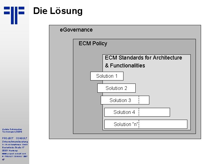 Die Lösung e. Governance ECM Policy ECM Standards for Architecture & Functionalities Solution 1 Die Lösung e. Governance ECM Policy ECM Standards for Architecture & Functionalities Solution 1