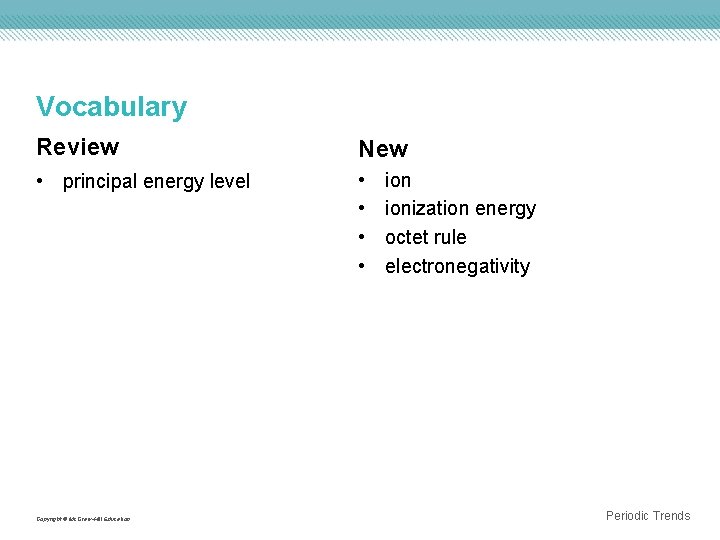 Vocabulary Review New • principal energy level • • Copyright © Mc. Graw-Hill Education