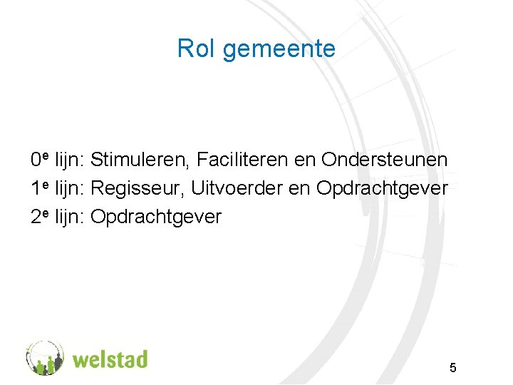 Rol gemeente 0 e lijn: Stimuleren, Faciliteren en Ondersteunen 1 e lijn: Regisseur, Uitvoerder