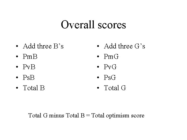 Overall scores • • • Add three B’s Pm. B Pv. B Ps. B