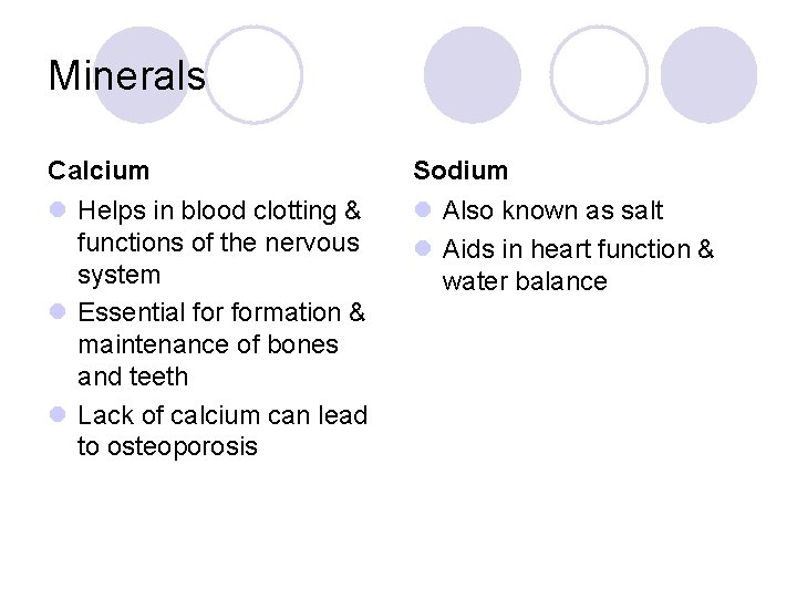 Minerals Calcium Sodium l Helps in blood clotting & functions of the nervous system