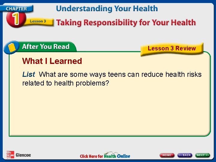 Lesson 3 Review What I Learned List What are some ways teens can reduce