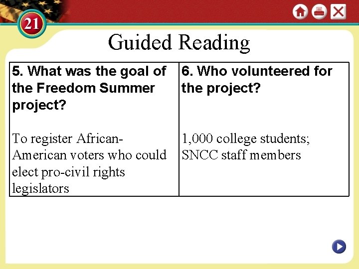 Guided Reading 5. What was the goal of the Freedom Summer project? 6. Who