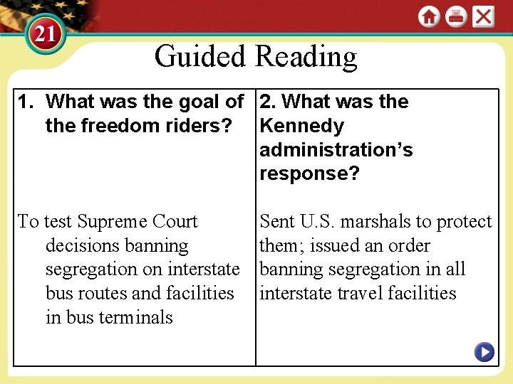Guided Reading 1. What was the goal of 2. What was the freedom riders?