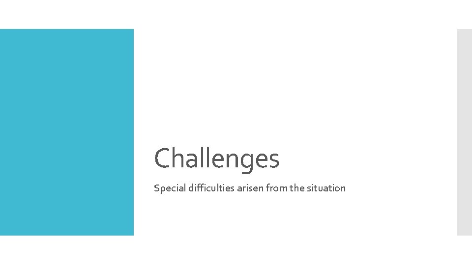 Challenges Special difficulties arisen from the situation 