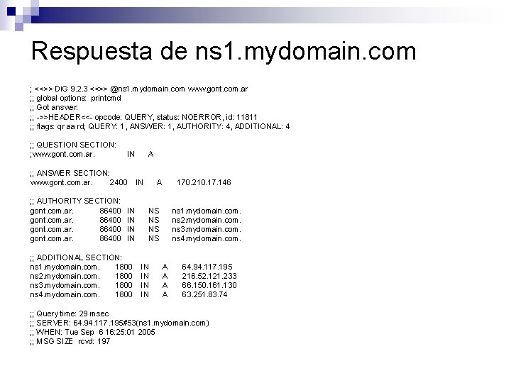Respuesta de ns 1. mydomain. com ; <<>> Di. G 9. 2. 3 <<>> Respuesta de ns 1. mydomain. com ; <<>> Di. G 9. 2. 3 <<>>