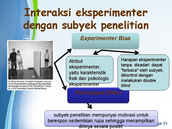 Interaksi eksperimenter dengan subyek penelitian Experimenter Bias Atribut eksperimenter, yaitu karakteristik fisik dan psikologis