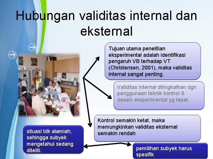 Hubungan validitas internal dan eksternal Tujuan utama penelitian eksperimental adalah identifikasi pengaruh VB terhadap