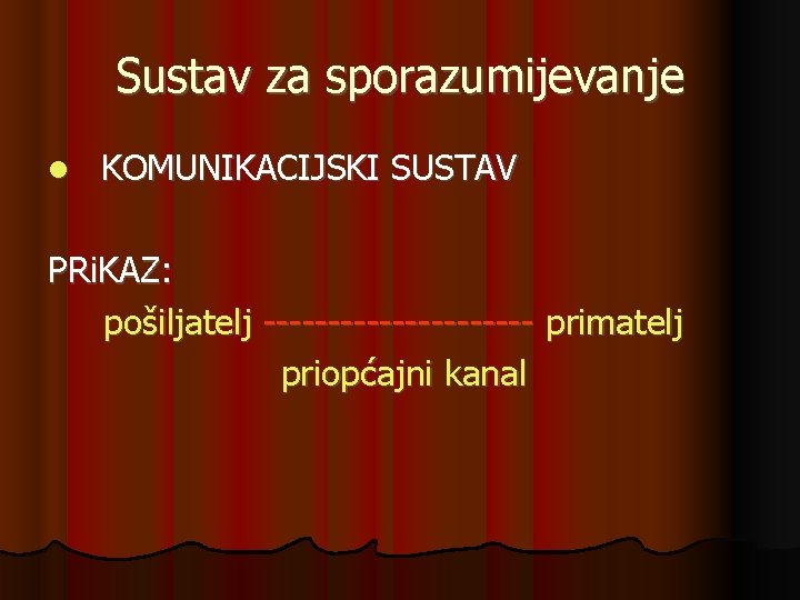 Sustav za sporazumijevanje KOMUNIKACIJSKI SUSTAV PRi. KAZ: pošiljatelj ----------- primatelj priopćajni kanal 