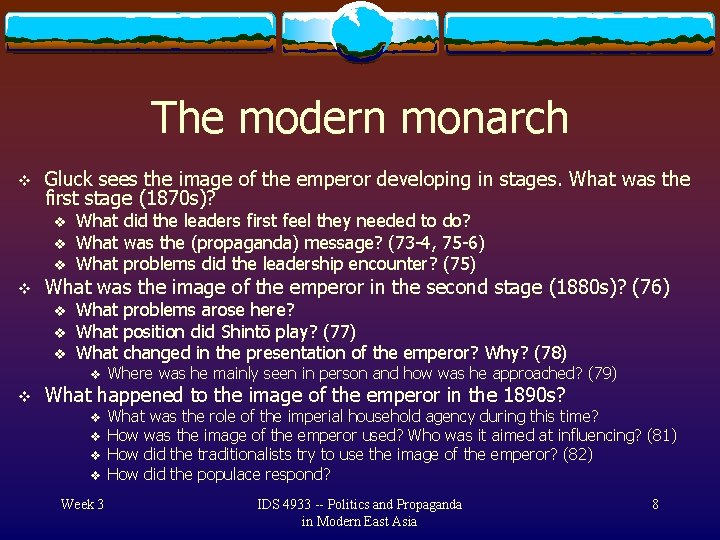 The modern monarch v Gluck sees the image of the emperor developing in stages.