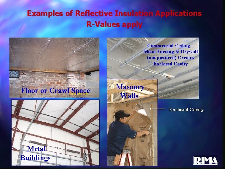 Examples of Reflective Insulation Applications R-Values apply Commercial Ceiling – Metal Furring & Drywall