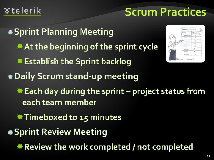 Scrum Practices Sprint Planning Meeting At the beginning of the sprint cycle Establish the
